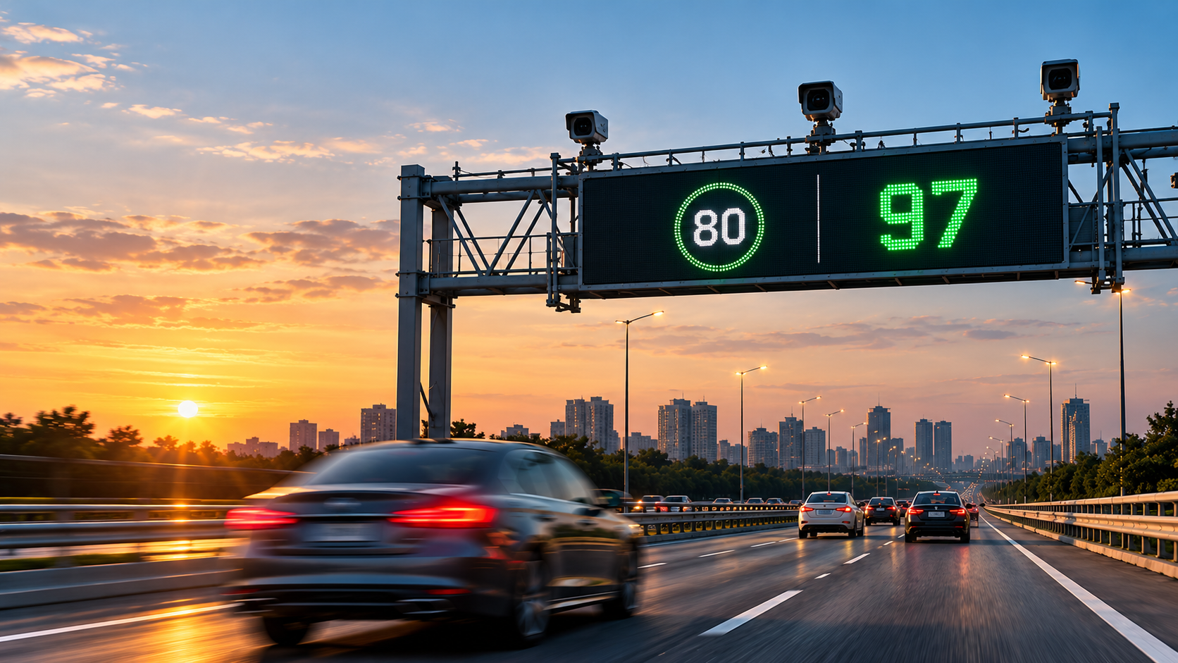 An overhead gantry sign pairing an 80 speed limit with a live 97 speed reading above highway traffic