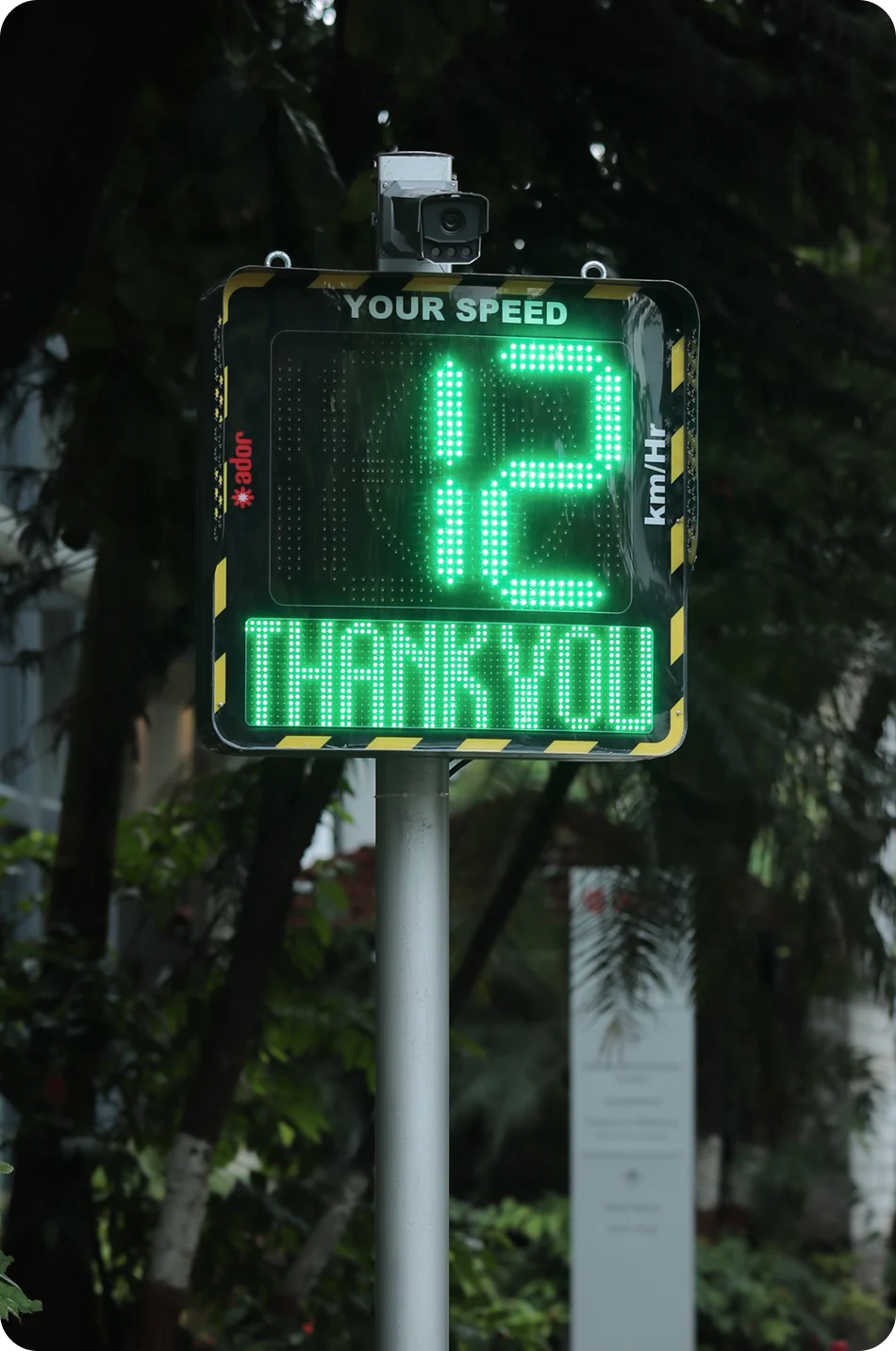 Sereniti radar speed sign displaying a thank you message on an urban street
