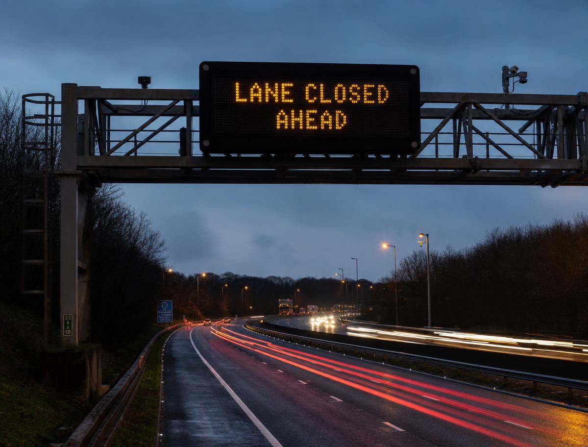 Trailer-mounted portable variable message sign deployed on a European motorway shoulder