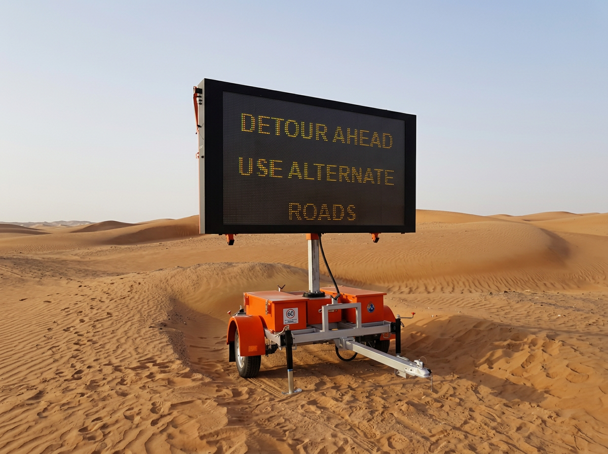 Ador trailer-mounted variable message sign displaying DETOUR AHEAD USE ALTERNATE ROADS