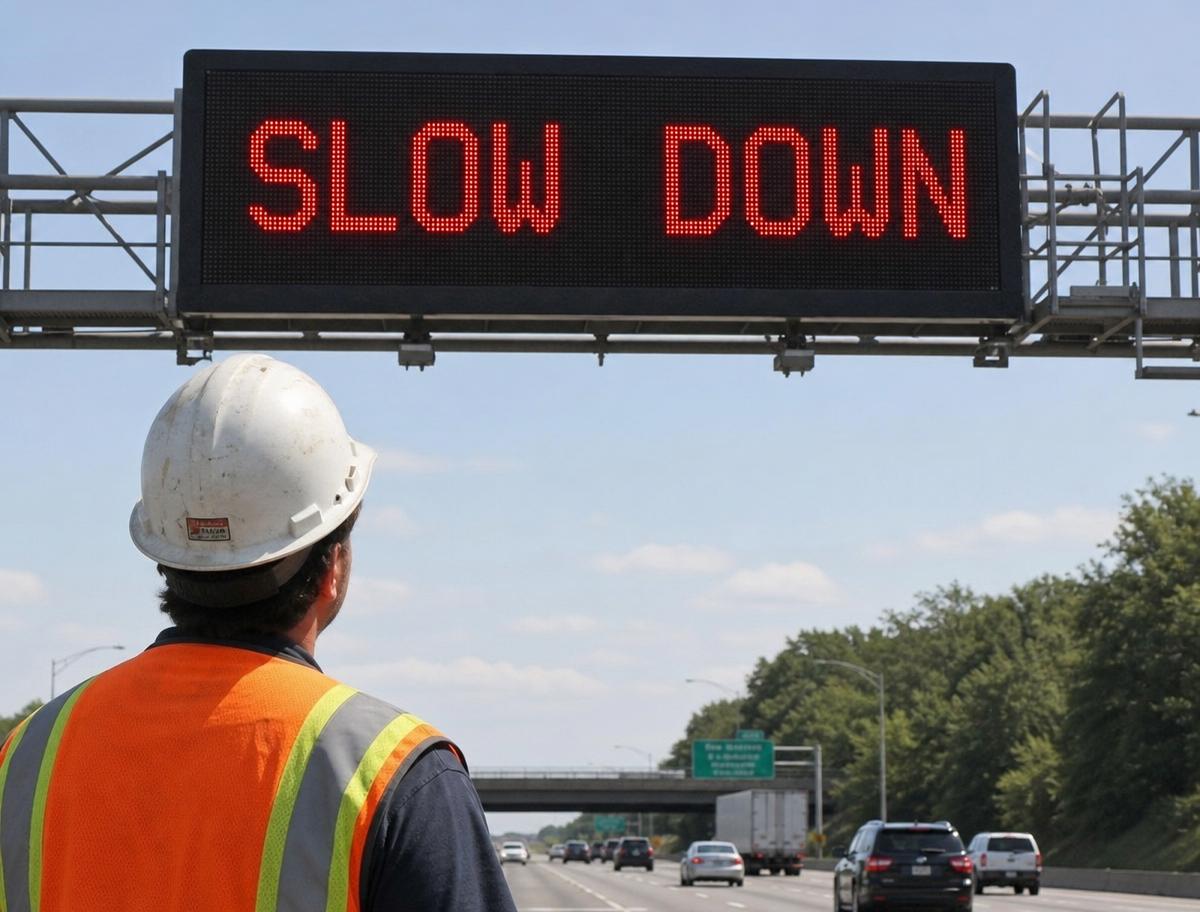 Technician commissioning a vehicle-activated speed sign showing SLOW DOWN on a town approach road