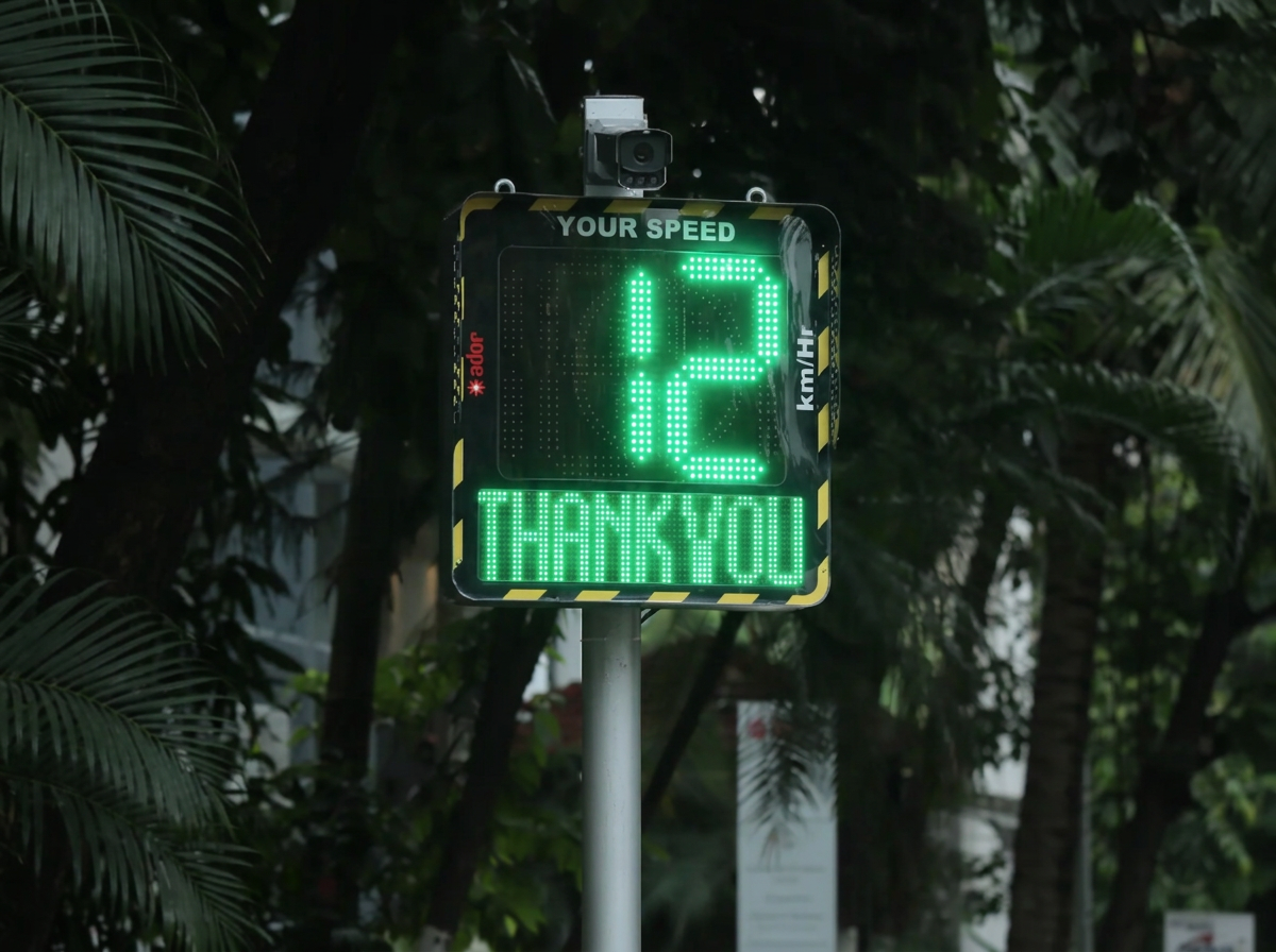 Green Ador vehicle-activated speed sign displaying 12 and THANK YOU
