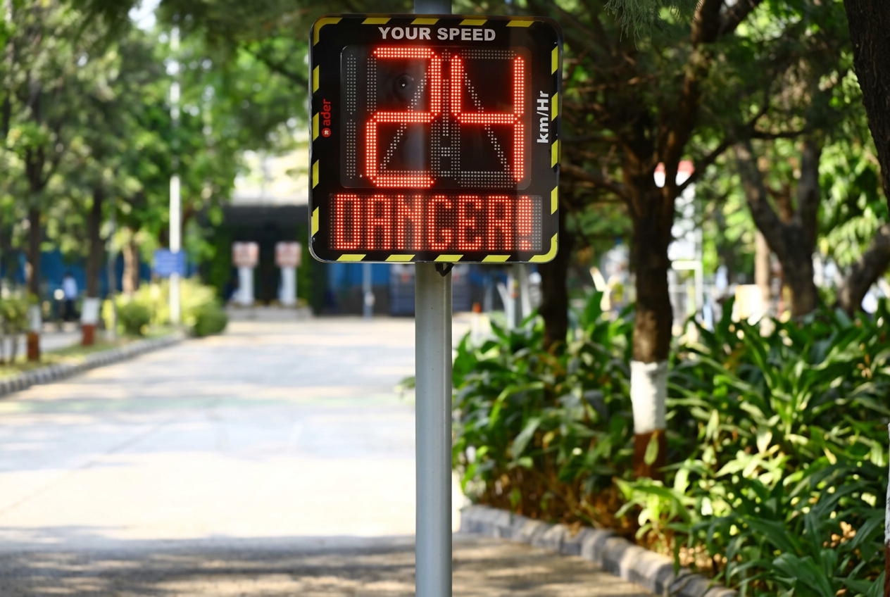 Ador vehicle-activated speed sign displaying an approaching driver's speed and a danger warning